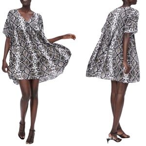 Zara, black white reptile, snake print, baby doll, mini dress, medium